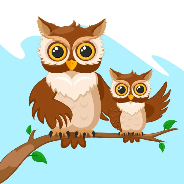 Owl and her baby owls sitting on a branch. — Stock Vector