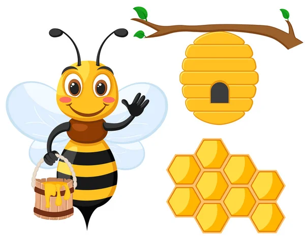 Conjunto de abejas con cubo de miel, abeja de casa y panal en un blanco . — Vector de stock