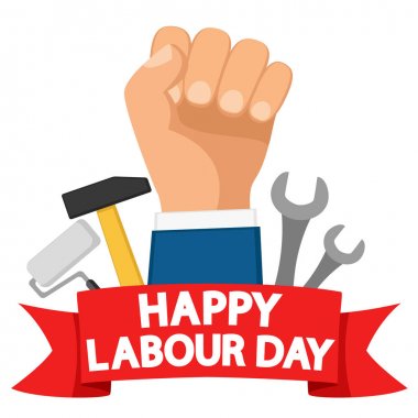 İş günü için logo. Yumruk, beyaz üzerinde metin ile alet ve kırmızı şerit.