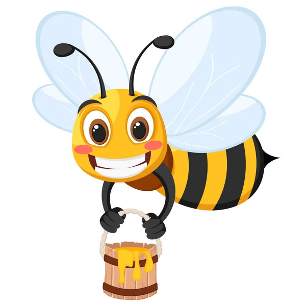 Bee létá s kýbl medu a usmívá se na bílém. Znak — Stockový vektor