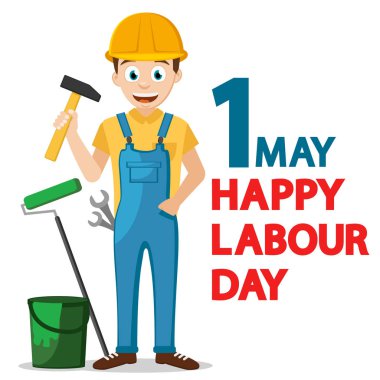 Kask ve beyaz arka planda araçları ile inşaat işçisi. İşgücü günü.