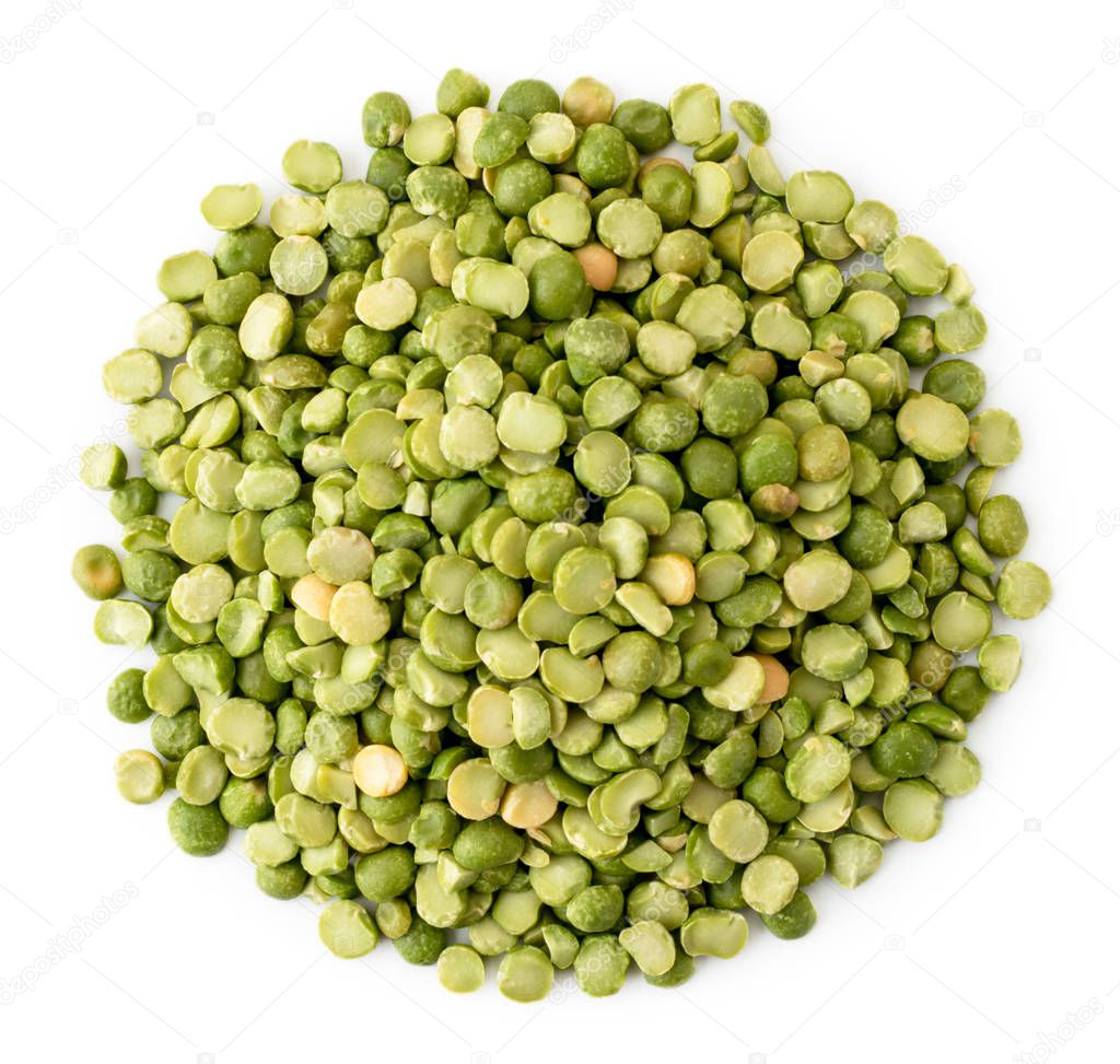 Pile of dried green peas on a white. The form of the top.