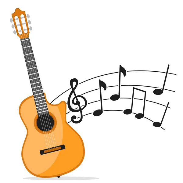 Guitarra de instrumento musical y notas en blanco. Música de guitarra — Vector de stock