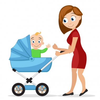 Beyaz arka plandaki bebek arabasında küçük bir çocuğu olan bir anne. Karakter
