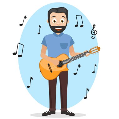 Beyaz arka planda gitar çalan adam. Müzik notaları
