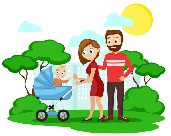 Jonge ouders met een klein kind in een rolstoel wandelen in het park. — Stockvector