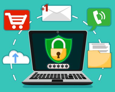 Kilit ve şifre ile dizüstü bilgisayar. Bilgisayar verilerinin korunması.