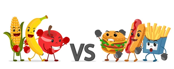 Fruta en guantes de boxeo contra la comida rápida en un blanco. Dieta saludable . — Vector de stock