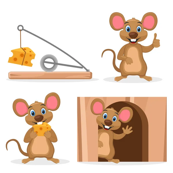 Ustaw mysz z serem w otworze i pułapkę na myszy na białym. Znaków. — Wektor stockowy