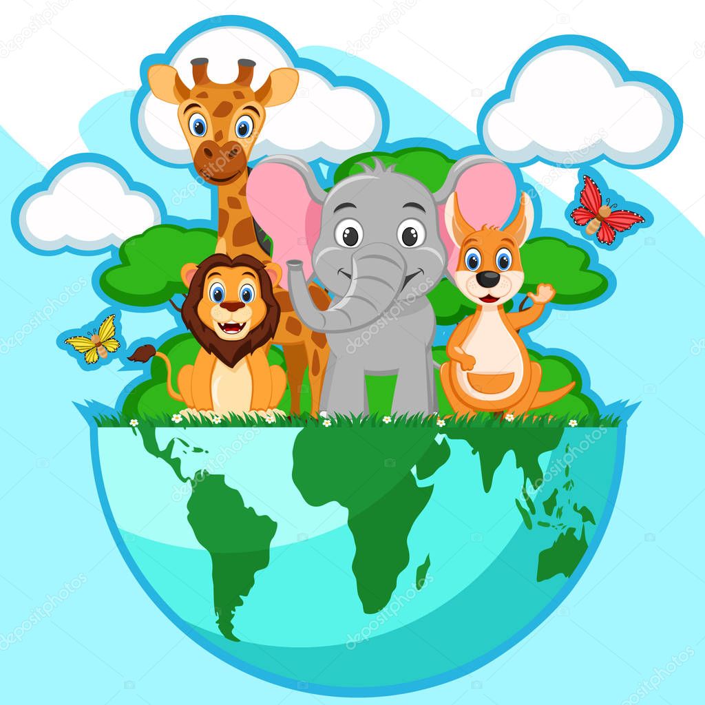 Planet earth with wild animals and trees. World environment day.