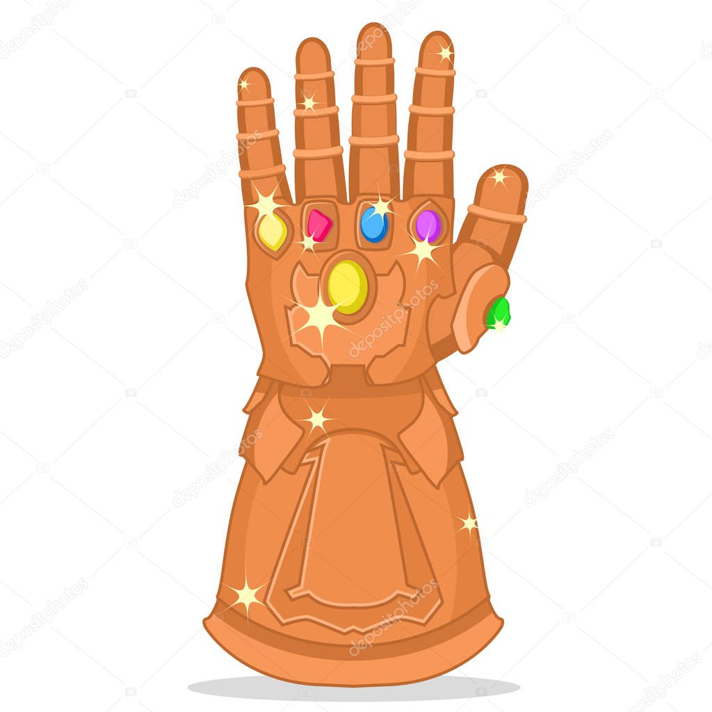 Glove Thanos with the stones of strength, glitters on a white. Superhero.