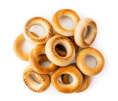 Beyaz üzerine simit yığını. Üst formu.