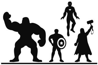 Beyaz arka plan üzerinde süper kahramanlardan oluşan bir ekibin silueti.