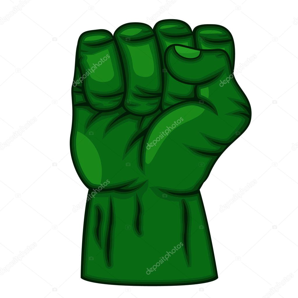 Green superhero fist on a white background. Logo, comics.