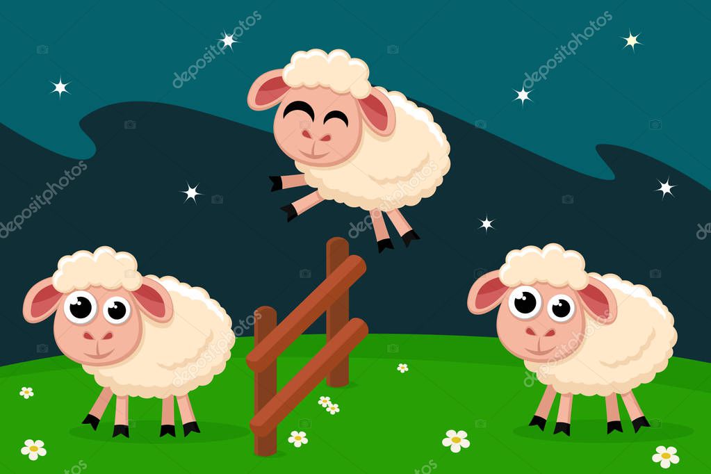 Sheep jump over the fence, counting before bed. Postcard