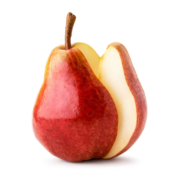 La pera roja con la pieza cortada por el blanco. Aislado — Foto de Stock