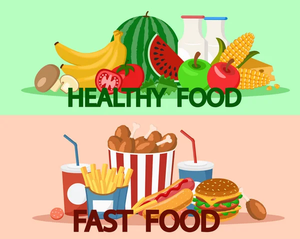 Fast food i zdrowe jedzenie owoce i warzywa. — Wektor stockowy