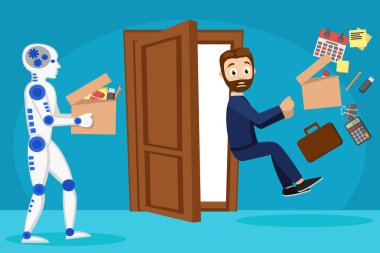 Robot bir kişi yerine iş yerine geldi. Adam kovuldu ve ofisten atıldı..