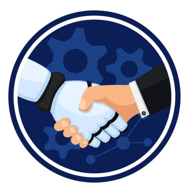 Robot ve adam el sıkışma, beyaz bir arka plan üzerinde logo.