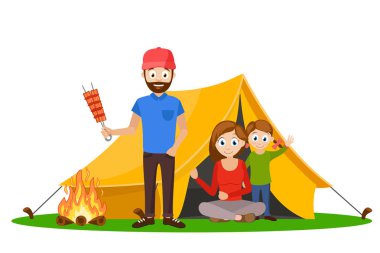 Genç bir aile beyaz bir arka planda çadırda dinleniyor..