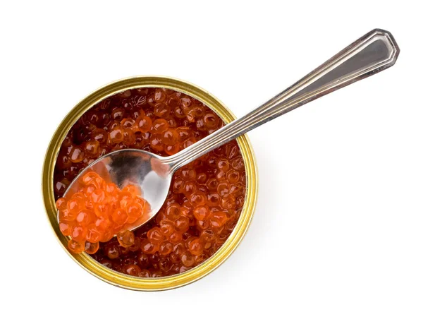 Salmon caviar in a can with a spoon on a white. The form of the top. — Stock Photo, Image