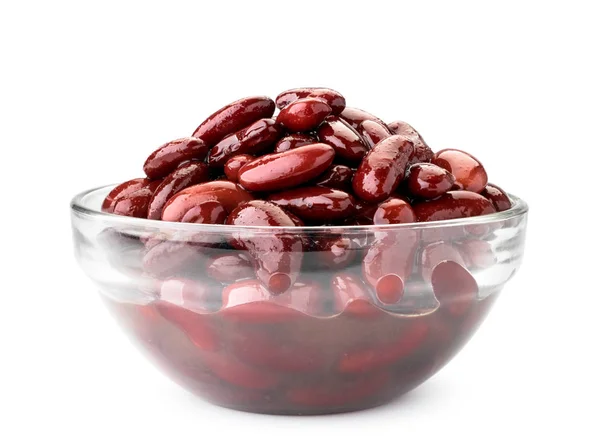 Canned red beans in a glass plate close-up on a white. Isolated. — Stock Photo, Image