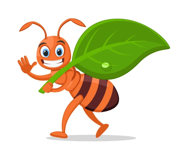 Ant carries a green leaf, smiling and waving on a white. Character — Stock Vector