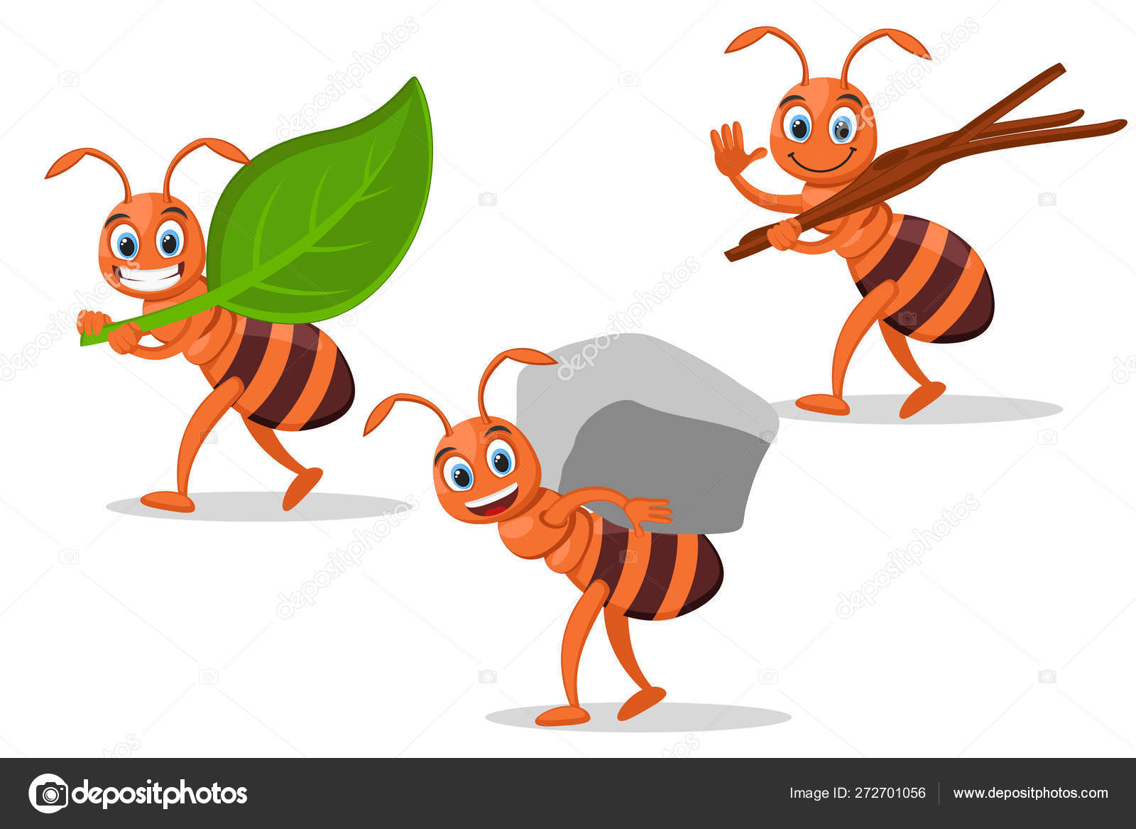 Conjunto de formigas carregam folhas, pedras e galhos de árvores em um  branco . Vetor de ©innakreativ@yandex.ru 272701056, image size:1600x1167