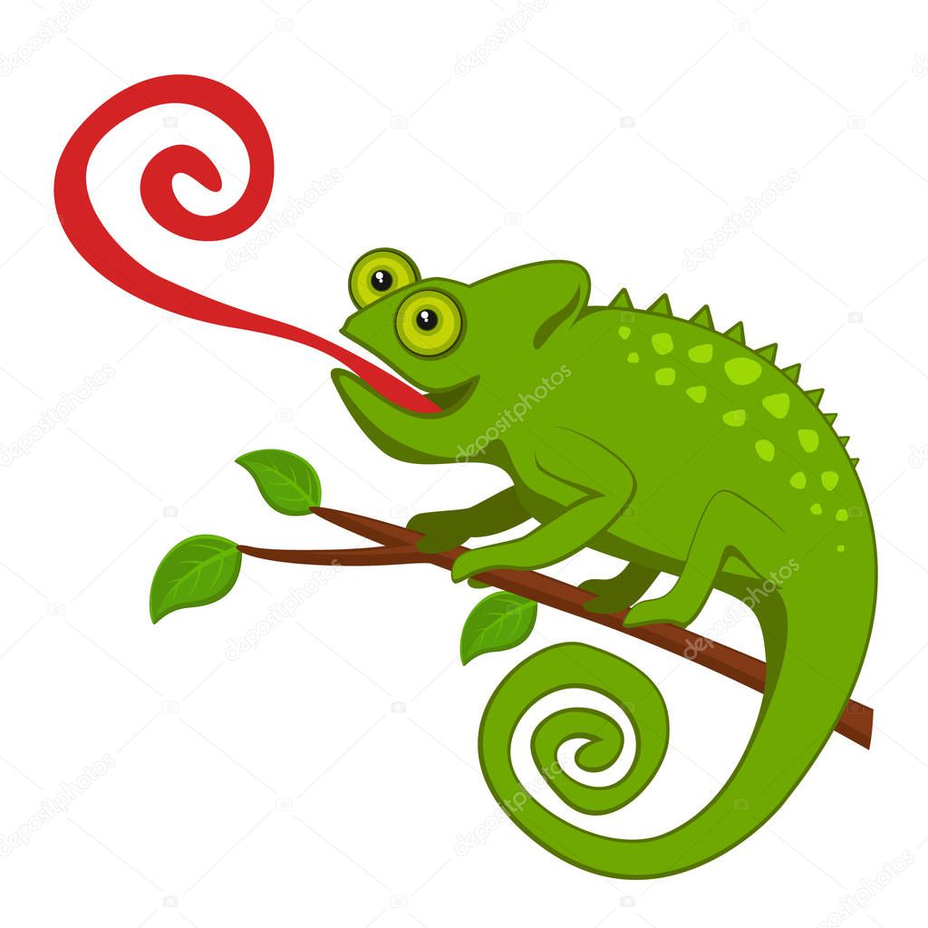 Chameleon with a long tongue sitting on a branch.
