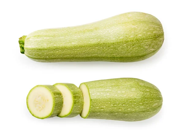 Zucchine mature, metà e pezzi su un bianco. La forma della parte superiore . — Foto Stock