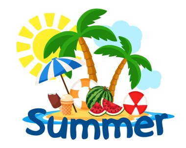 Palmiye ağaçları, karpuz ve dondurma ile ada denizde. Denizde yaz tatili.