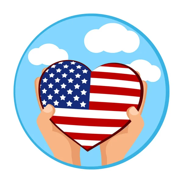 Bandiera USA a forma di cuore, tiene per mano un uomo. Giorno di indipendenza — Vettoriale Stock
