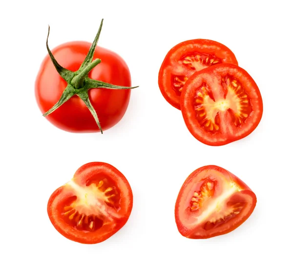 Set di pomodoro rosso, metà e pezzi su un bianco. La vista della cima . — Foto Stock