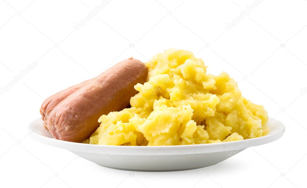 Mashed potatoes with sausages in a plate on a white background. Isolated