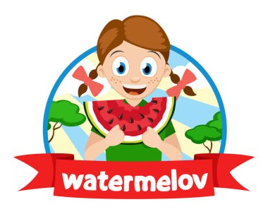 Küçük kız beyaz bir karpuz logosu bir parça yemek.