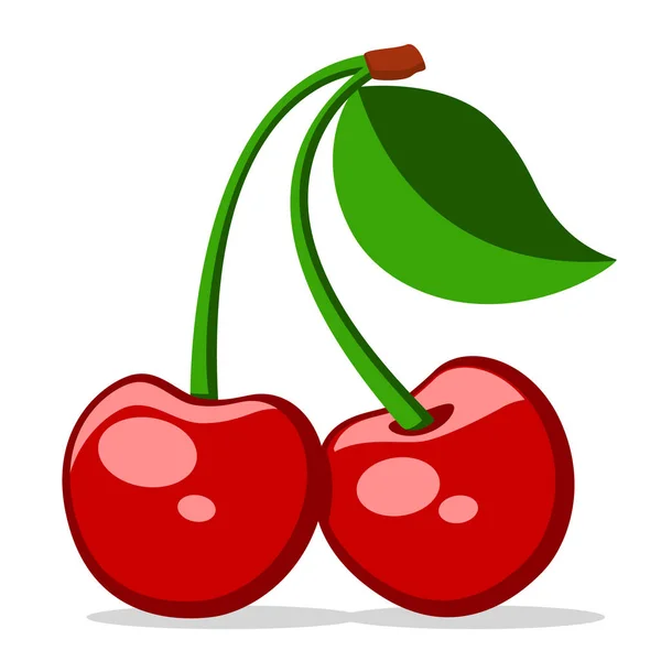 Dos cerezas rojas maduras con una hoja sobre un blanco . — Archivo Imágenes Vectoriales