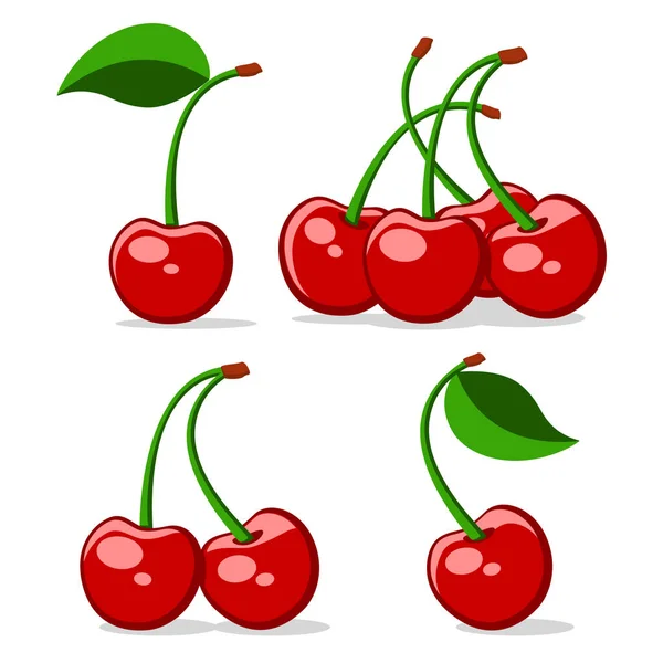 Conjunto de cerejas vermelhas em um branco . — Vetor de Stock