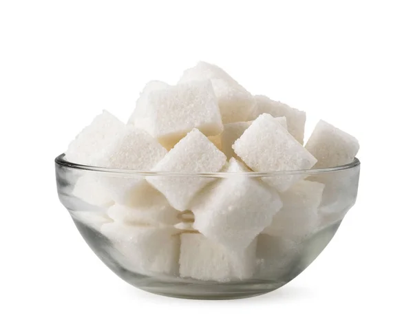 Cubes of refined sugar in a glass plate on a white background. Isolated. — Stock Photo, Image