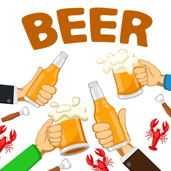 Vasos y botellas de cerveza en manos de personas con langostas rojas, tostadas sobre un blanco . — Vector de stock