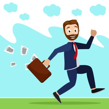 Bir bavul ile yönetici sokaktan aşağı atlayarak çalışan.