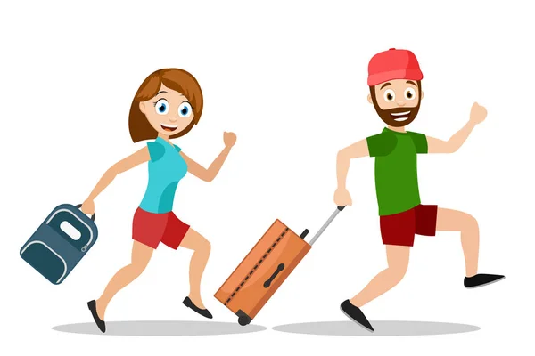 Man and a woman run with suitcases on vacation, on a white background. — Stock Vector