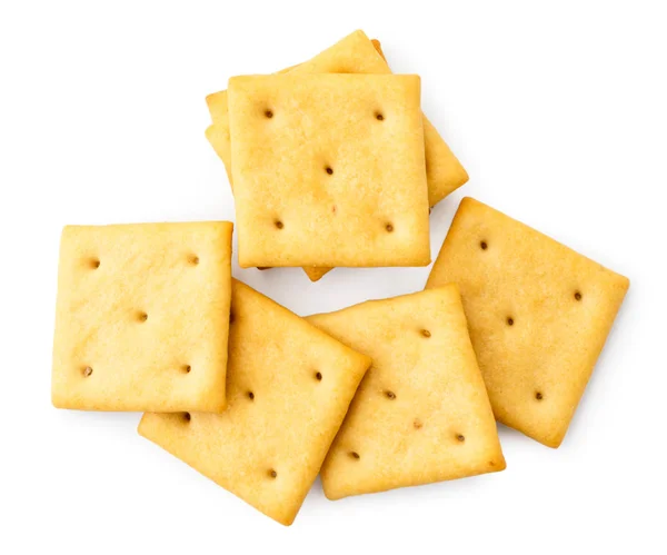 Koekjes crackers op een witte, geïsoleerde.. Het uitzicht op de top. — Stockfoto