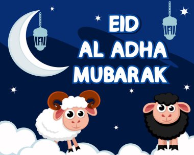 Siyah ve beyaz koyun gece gökyüzü, ay ve ışıklar karşı bulutlar üzerinde stand. Müslüman tatil bayram al-Adha.