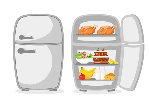 Κλειστό και άνοιξε το ψυγείο με φαγητό σε λευκό. — Διανυσματικό Αρχείο