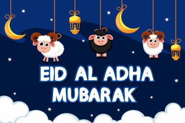 Gece gökyüzünde bir ipin üzerinde asılı koyun, ay ve fener. Müslümanların bayramı Kurban Bayramı.