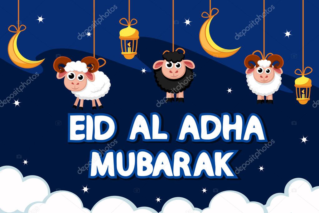 Sheep, month and lantern hanging on a rope in the night sky. The Muslim holiday Eid al-Adha.