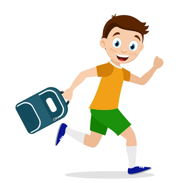 Schoolboy springer med en ryggsäck i händerna på en vit. Tillbaka till skolan. — Stock vektor