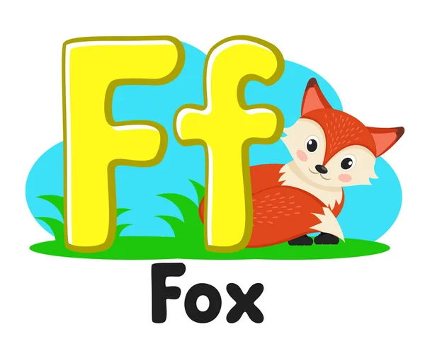 Alfabet ze zwierzętami, Fox z puszystym ogonem litera FF na białym. Edukacja przedszkolna. — Wektor stockowy