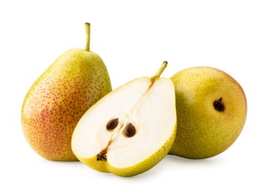 İki olgun armut ve beyaz bir arka plan üzerinde yarısı. Izole.