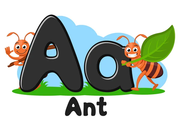 动物的字母表，蚂蚁在白色背景上携带一片叶子，字母Aa。学前教育. — 图库矢量图片
